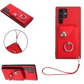 For Samsung Galaxy S22 Ultra 5G Organ Card Bag Ring Holder PU Phone Case with Lanyard(Red)