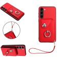For Samsung Galaxy S23 5G Organ Card Bag Ring Holder PU Phone Case with Lanyard(Red)