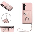 For Samsung Galaxy S24 5G Organ Card Bag Ring Holder PU Phone Case with Lanyard(Pink)