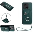 For Xiaomi Redmi 10C Organ Card Bag Ring Holder PU Phone Case with Lanyard(Green)