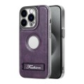 For iPhone 15 Pro Max Y3 Electroplated Fine Hole Leather Phone Case with Holder(Dark Purple)
