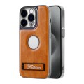 For iPhone 15 Pro Max Y3 Electroplated Fine Hole Leather Phone Case with Holder(Brown)