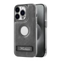 For iPhone 15 Pro Max Y3 Electroplated Fine Hole Leather Phone Case with Holder(Grey)