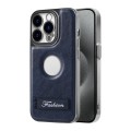 For iPhone 15 Pro Max Y3 Electroplated Fine Hole Leather Phone Case with Holder(Navy Blue)