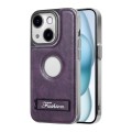 For iPhone 15 Y3 Electroplated Fine Hole Leather Phone Case with Holder(Dark Purple)