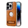 For iPhone 14 Pro Max Y3 Electroplated Fine Hole Leather Phone Case with Holder(Brown)