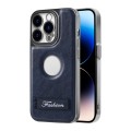 For iPhone 14 Pro Max Y3 Electroplated Fine Hole Leather Phone Case with Holder(Navy Blue)