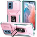 For Motorola Moto G Play 2024 Sliding Camshield Holder Phone Case(Pink + Grey Green)
