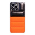For iPhone 15 Pro Color Block Down Jacket Phone Case(Black Orange)