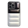 For iPhone 15 Pro Color Block Down Jacket Phone Case(Black Silver)