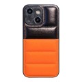 For iPhone 15 Color Block Down Jacket Phone Case(Black Orange)