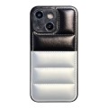 For iPhone 15 Color Block Down Jacket Phone Case(Black Silver)
