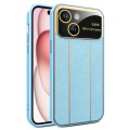 For iPhone 15 Plus Electroplating Litchi Grain Large Window Phone Case(Blue)