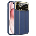 For iPhone 15 Plus Electroplating Litchi Grain Large Window Phone Case(Dark Blue)