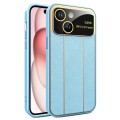 For iPhone 15 Electroplating Litchi Grain Large Window Phone Case(Blue)