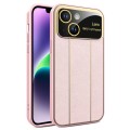 For iPhone 14 Plus Electroplating Litchi Grain Large Window Phone Case(Pink)