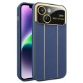 For iPhone 14 Electroplating Litchi Grain Large Window Phone Case(Dark Blue)
