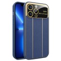 For iPhone 13 Pro Electroplating Litchi Grain Large Window Phone Case(Dark Blue)