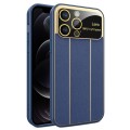 For iPhone 12 Pro Electroplating Litchi Grain Large Window Phone Case(Dark Blue)