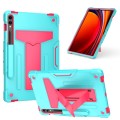 For Samsung Galaxy Tab S9 FE+ / S9+ T Holder Robot Silicone Hybrid PC Tablet Case(Mint Rose Red)