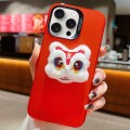 For iPhone 15 Pro Max New Year Lion Dance Plush Doll Phone Case(Red Back White Lion)