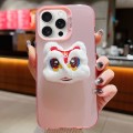 For iPhone 15 Pro New Year Lion Dance Plush Doll Phone Case(Pink Back White Lion)