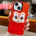 For iPhone 15 Plus New Year Lion Dance Plush Doll Phone Case(Red Back White Lion)