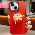 For iPhone 15 Plus New Year Lion Dance Plush Doll Phone Case(Lucky Cat)