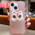 For iPhone 15 Plus New Year Lion Dance Plush Doll Phone Case(Pink Back White Lion)