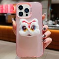 For iPhone 13 Pro New Year Lion Dance Plush Doll Phone Case(Pink Back White Lion)