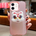 For iPhone 12 New Year Lion Dance Plush Doll Phone Case(Pink Back White Lion)