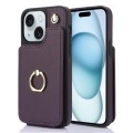 For iPhone 15 Plus YM005 Skin Feel Card Bag Phone Case with Long Lanyard(Dark Purple)