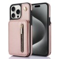 For iPhone 15 Pro YM006 Skin Feel Zipper Card Bag Phone Case with Dual Lanyard(Rose Gold)