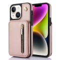 For iPhone 14 YM006 Skin Feel Zipper Card Bag Phone Case with Dual Lanyard(Rose Gold)