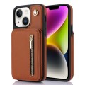 For iPhone 14 YM006 Skin Feel Zipper Card Bag Phone Case with Dual Lanyard(Brown)