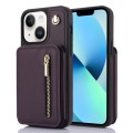 For iPhone 13 YM006 Skin Feel Zipper Card Bag Phone Case with Dual Lanyard(Dark Purple)