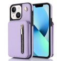 For iPhone 13 YM006 Skin Feel Zipper Card Bag Phone Case with Dual Lanyard(Light Purple)