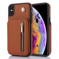 For iPhone XS Max YM006 Skin Feel Zipper Card Bag Phone Case with Dual Lanyard(Brown)