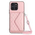 For Honor X6a Rhombic Texture Card Bag RFID Phone Case with Long Lanyard(Rose Gold)