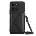 For Honor X6a Rhombic Texture Card Bag RFID Phone Case with Long Lanyard(Black)