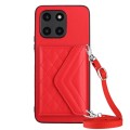 For Honor X6a Rhombic Texture Card Bag RFID Phone Case with Long Lanyard(Red)