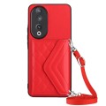 For Honor 90 Rhombic Texture Card Bag RFID Phone Case with Long Lanyard(Red)