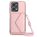 For Honor X7a / Play 7T Rhombic Texture Card Bag RFID Phone Case with Long Lanyard(Rose Gold)