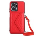 For Honor X7a / Play 7T Rhombic Texture Card Bag RFID Phone Case with Long Lanyard(Red)