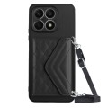 For Honor X8a Rhombic Texture Card Bag RFID Phone Case with Long Lanyard(Black)