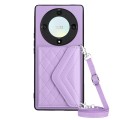 For Honor X9a / Magic5 Lite Rhombic Texture Card Bag RFID Phone Case with Long Lanyard(Light Purple)