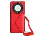 For Honor X9a / Magic5 Lite Rhombic Texture Card Bag RFID Phone Case with Long Lanyard(Red)