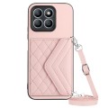 For Honor X8b 4G Global Rhombic Texture Card Bag RFID Phone Case with Long Lanyard(Rose Gold)