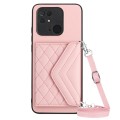 For Xiaomi Redmi 10C Rhombic Texture Card Bag RFID Phone Case with Long Lanyard(Rose Gold)