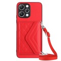 For Xiaomi Redmi 12 4G Rhombic Texture Card Bag RFID Phone Case with Long Lanyard(Red)